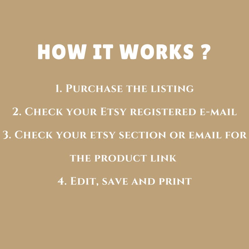 May include: How it works: A step-by-step guide on how to purchase, download, and print a digital product on Etsy. The steps include purchasing the listing, checking your Etsy registered email, checking your Etsy section or email for the product link, and editing, saving, and printing.