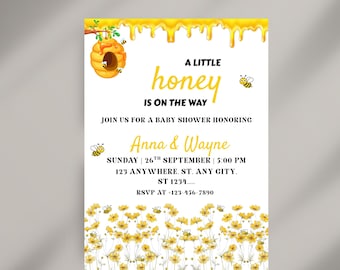 A Little Honey Is On The Way Invitation, Gender Neutral Baby Shower Invite, Bee Baby Shower Invitation, Editable Template