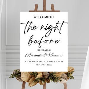 Probeessen Willkommensschild, Die Nacht vor dem Schild, Modernes Minimalistisches Hochzeitsschild, Boho Hochzeit Beschilderung Einfach