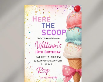 Ice Cream Birthday Invitation, Here's the Scoop Ice Cream Birthday Invite, Sweet Party Invitation, Editable 5x7 Canva Template