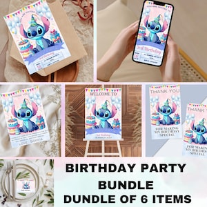 Könnte beinhalten: Ein Set mit sechs druckbaren Partydekorationen mit einem blauen Stitch-Charakter aus Disneys Lilo & Stitch. Die Dekorationen umfassen ein Willkommenszeichen, Dankeskarten und Einladungen. Die Dekorationen sind rosa, blau und weiß im Cartoon-Stil.