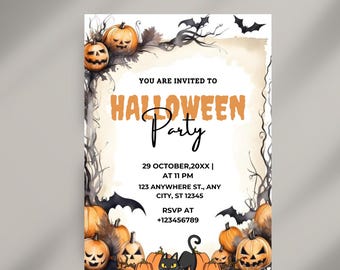 Invitación para fiesta de Halloween, plantilla de Canva, fiesta infantil de terror, invitación editable de Halloween.