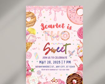 Invitación editable para el segundo cumpleaños de Two Sweet, invitación de cumpleaños con dulces de Candy Land, plantilla de invitación con helado de donas