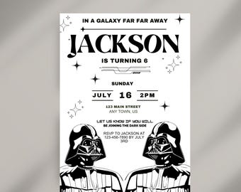 Könnte beinhalten: Schwarz-weiße Geburtstagseinladung mit dem Text "In a galaxy far far away" und "Jackson is turning 6". Enthält zwei Illustrationen von Darth Vader und Veranstaltungsdetails.