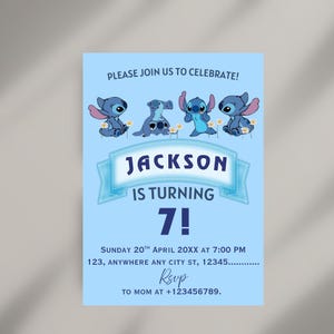 Bearbeitbare Stitch-Geburtstagsfeier-Einladungsvorlage, Cartoon-Geburtstags-Einladung, Stitch-Geburtstags-pool-Partyeinladung, Stitch Bday evite