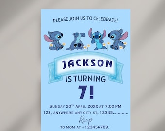 Bearbeitbare Stitch-Geburtstagsfeier-Einladungsvorlage, Cartoon-Geburtstags-Einladung, Stitch-Geburtstags-pool-Partyeinladung, Stitch Bday evite