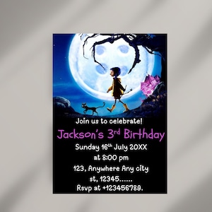 Coraline Geburtstagseinladung, personalisiert, Canva, Einladungskarte, Canva Vorlage, digitaler Download, Coraline Jones, Feierkarte