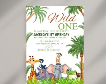Editable Wild One Boy Birthday Invitation Safari Animal Birthday Invitation 1st Birthday Invite with Photo Boho First Birthday Jungle 1st