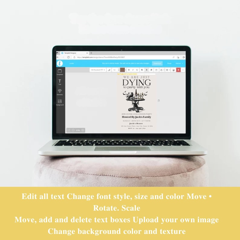 Puede incluir: Un port&aacute;til muestra una invitaci&oacute;n a una fiesta de Halloween con el texto "WE ARE JUST DYING to party with you." La invitaci&oacute;n presenta un dise&ntilde;o de mesa espeluznante. El port&aacute;til est&aacute; sobre un puf rosa. El texto "Edit all text..."