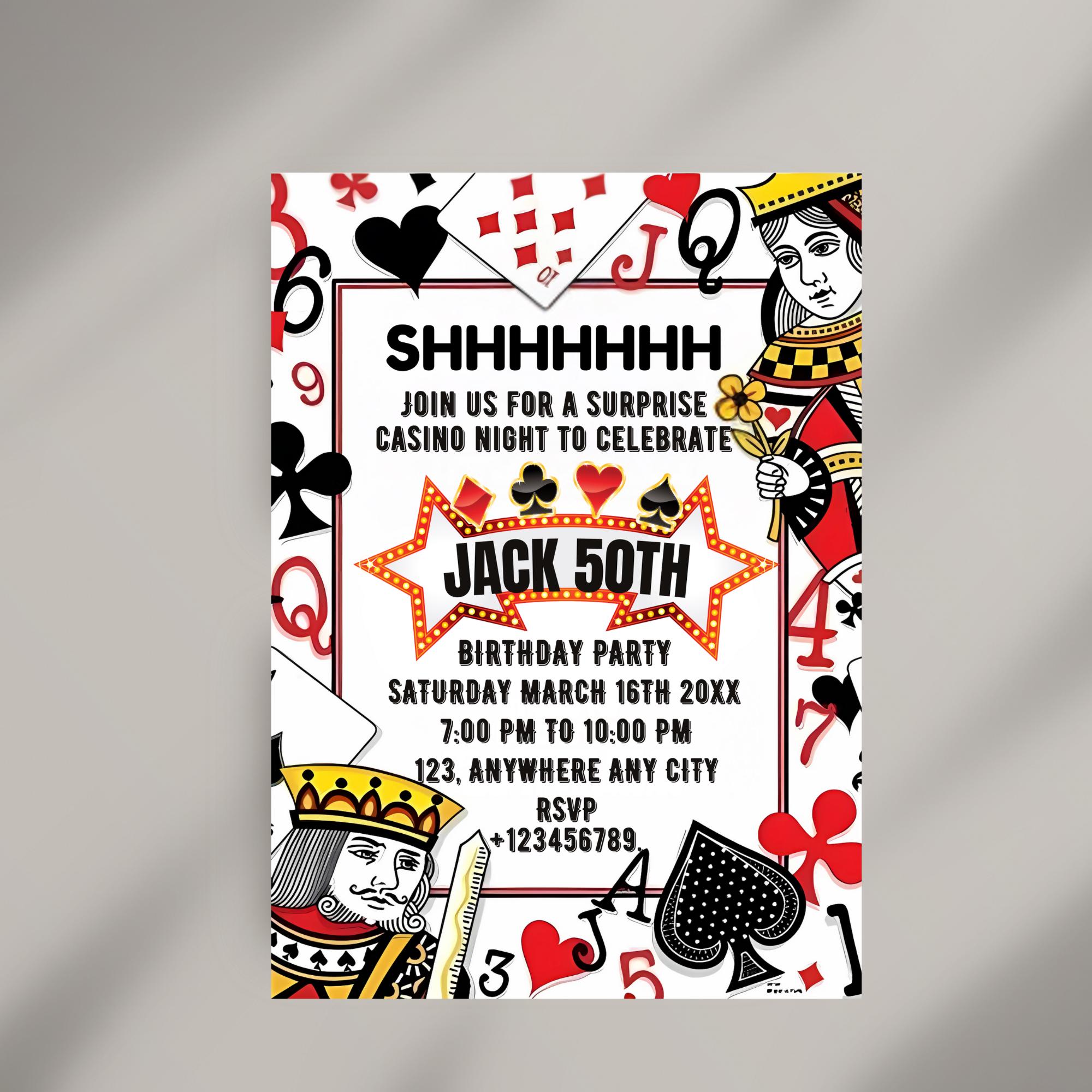 Casino Birthday Invitation Download Poker Cards Game Party Invite Editable Template for Men or Ladies Printable Canva Invite