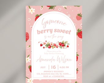 Berry Sweet Baby Shower Invite, Someone Berry Sweet is On the Way Editable Canva Template, Pink Strawberry Invite
