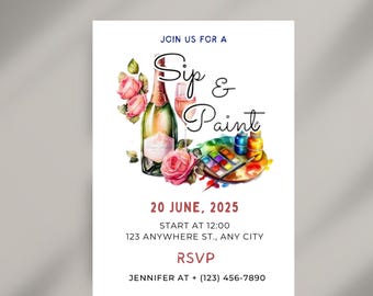 Sip and Paint Party Invitation,Editable Paint & Sip Party Invite,Wine and Paint Birthday Invite,Digital Sip and Paint Invite,InstantDownload