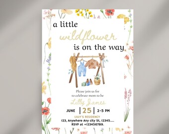Invitación para baby shower con flores silvestres, Una pequeña flor silvestre está en camino, Invitación para baby shower, Plantilla editable