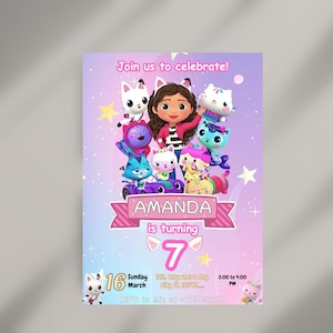 Modèle modifiable d'invitation d'anniversaire Gabbys Dollhouse, invitations de fête d'anniversaire imprimables, invitation numérique de fête d'anniversaire, carte d'anniversaire d'invitation