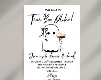 Halloween-Geburtstagseinladung bearbeitbare Martini-Einladung Boos und Booze-Halloween-Martini-Party kokett Erwachsenengeburtstag laden Geist-Halloween ein