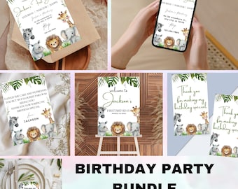 Safari 1st Birthday Bundle, Safari Wild One Birthday Bundle, Safari Animal Invitation Bundle, Editable, Boy, Balloon Decor Welcome Milestone