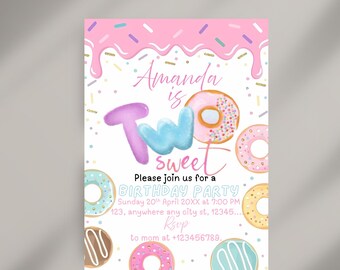 Two Sweet Birthday Invitation, 2nd Birthday Girl Donut Invitation Blush Pink Two Year Dessert Invite, Editable Canva Template