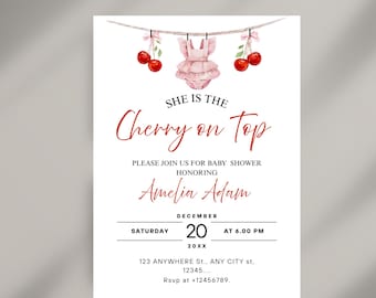 She is the Cherry on Top Baby Shower Invitation, Editable Pink Coquette Bow Theme Girl Baby Shower Mobile Phone Text Digital Party Invite