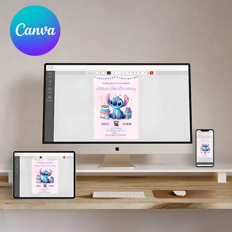 Pu&ograve; includere: Uno schermo di computer e un tablet mostrano un invito di compleanno rosa e blu con un personaggio di cartone animato Stitch. L'invito recita "Unisciti a noi per festeggiare il 6&deg; compleanno di Lilly".
