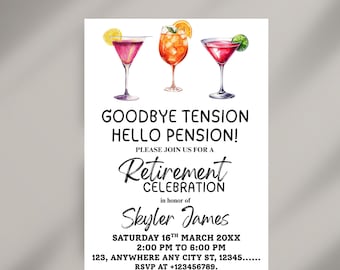 Modello di invito divertente per la festa di pensionamento Addio tensione Benvenuto pensione Invito al pensionamento Scarica Festa in ufficio Celebrazione del pensionamento