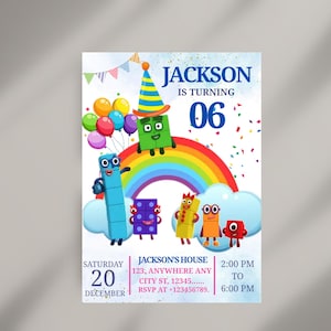 Op de afbeelding: Een kleurrijke verjaardagsuitnodiging met de tekst "JACKSON IS TURNING 06". Het ontwerp bevat cartoonfiguren, een regenboog, ballonnen en evenementdetails: datum, tijd en locatie. De uitnodiging is een vrolijk ontwerp voor een kinder verjaardagsfeest.