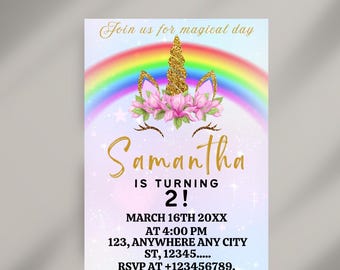 Editable Unicorn Birthday Invitation, Floral Unicorn Birthday Invite, Pink Gold Floral Unicorn Birthday Invitation Template