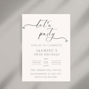Let&#39;s Party Invitation Template, Printable Birthday Party Invite, Digital Birthday Party Invitation, Minimalist Party Invite