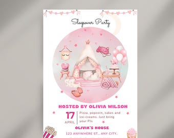 Editable Teepee Sleepover Girl Birthday Invitation Slumber Party Tent Invite Pink Pamper Party Instant Download Printable Template
