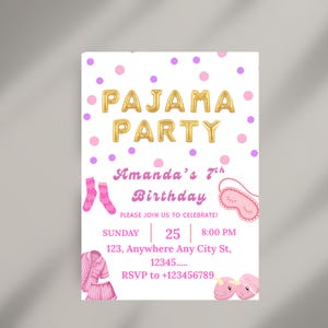 Pajama Party Birthday Invitation Spa Tween Teen Sleepover Slumber Birthday Party Invitation CANVA EDITABLE Instant download