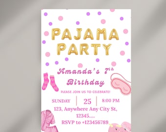 Invitación de cumpleaños para fiesta de pijamas, spa, preadolescentes, adolescentes, pijamada, fiesta de cumpleaños, invitación CANVA EDITABLE Descarga instantánea