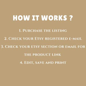 Pu&ograve; includere: Come funziona: Una guida passo passo su come acquistare, scaricare e stampare un prodotto digitale su Etsy. I passaggi includono l'acquisto dell'elenco, la verifica della tua email registrata su Etsy, la verifica della tua sezione Etsy o email per il link del prodotto e la modifica, il salvataggio e la stampa.