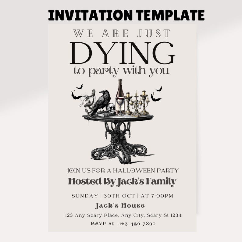 Puede incluir: Plantilla de invitaci&oacute;n a una fiesta de Halloween con tem&aacute;tica g&oacute;tica. La invitaci&oacute;n presenta una mesa con un cuervo, una calavera y velas. El texto incluye "We are just dying to party with you."