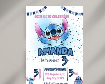 Editable Stitch Birthday Party Invitation Template, Cartoon Birthday Invitation, Stitch Birthday pool Party Invitation, Stitch Bday evite