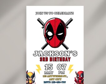 Könnte beinhalten: Eine rote und schwarze Illustration des Charakters Deadpool mit gekreuzten Schwertern. Der Text "JOIN US TO CELEBRATE JACKSON'S 3RD BIRTHDAY 15 07 MAY PM 123 ANYWHERE ST., ANY CITY RSVP: 123-456-789" ist auf der Einladung gedruckt.