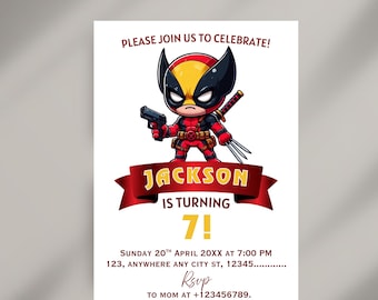 Deadpool födelsedagsinbjudan | Deadpool utskrivbar inbjudningsmall | Direkt nedladdning | Redigerbar födelsedagsinbjudan | Deadpool-inbjudan