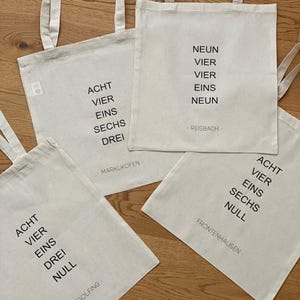 Baumwolltasche / Einkaufstasche / Tragetasche personalisiert mit Postleitzahl der Heimatstadt
