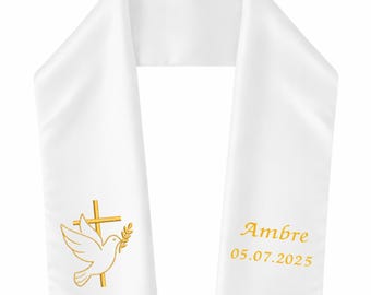 Étole Baptême Personnalisée Brodée Colombe avec Croix, Prénom Date, Satin Blanc Fait Main, Cadeau Bébé Adulte