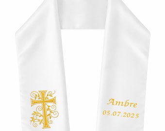 Étole Baptême Personnalisée Brodée Croix avec Feuillage, Prénom Date, Satin Blanc Fait Main, Cadeau Bébé Adulte