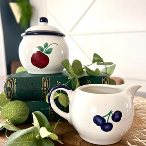 Princess House Orchard Medley Creamer & Sugar Bowl Set • Navy Accents • Fruit Motif • Vintage Kitchenware