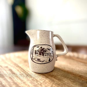 Vintage Onion River Pottery Creamer • Vermont Stoneware Pitcher • Winter Cottage Scene