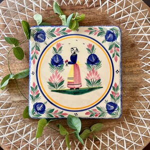 Vintage HB Quimper Faience Trivet • Blue Breton Peasant Figure • Hand Painted French Pottery