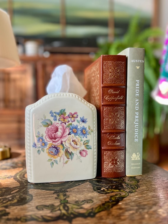 Vintage Athena California Pottery Blumenmuster-Taschentuchbox • Keramik-Taschentuchhalter aus der Mitte des 20. Jahrhunderts