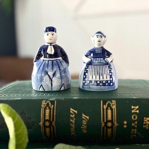 Vintage Delft Blue Dutch Couple Salt and Pepper Shakers • 1960s Blue and White Ceramic • Man & Woman in Traditional Dress