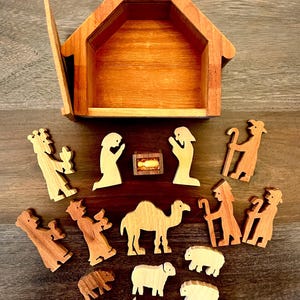 Vintage Handmade Wooden Nativity Set • 17-Piece Folk Art Manger