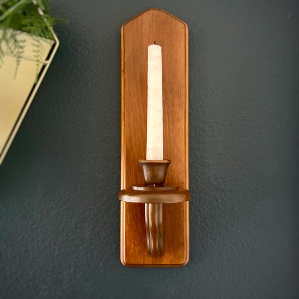 Vintage Wooden Wall Candle Sconce • Colonial Style Taper Holder