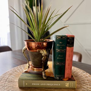 May include: A copper-toned planter with ornate gold-colored legs holds a spiky green and pink plant. It sits atop a stack of three books titled Pride and Prejudice, My Novel by Lord Lytton, and The Poems of Tennyson, featuring green and pink spines.