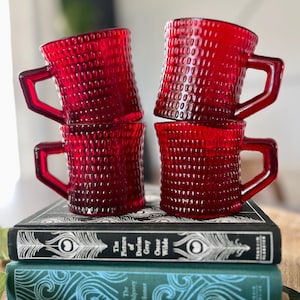 Vintage Ruby Red Hobnail Glass Coffee Mugs • Mid Century Style Set