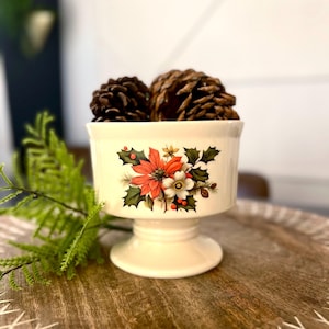 Vintage 1981 FTD Holiday Pedestal Planter • Poinsettia, Holly & Pine Design