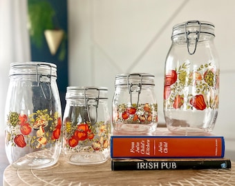 Conjunto de potes vintage Arc France Spice of Life • Ilustrações de vegetais dos anos 70