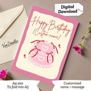 Cartão de aniversário retrô rosa coquete para impressão | Cartão de aniversário com bolo estético | Cartão de bolo de aniversário fofo com corações e laços, Cartão de aniversário para namorada